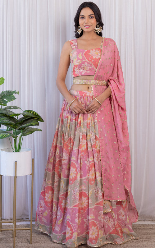 Noopur Vintage Pink Handwork Printed Georgette Lehenga with Embellished Belt