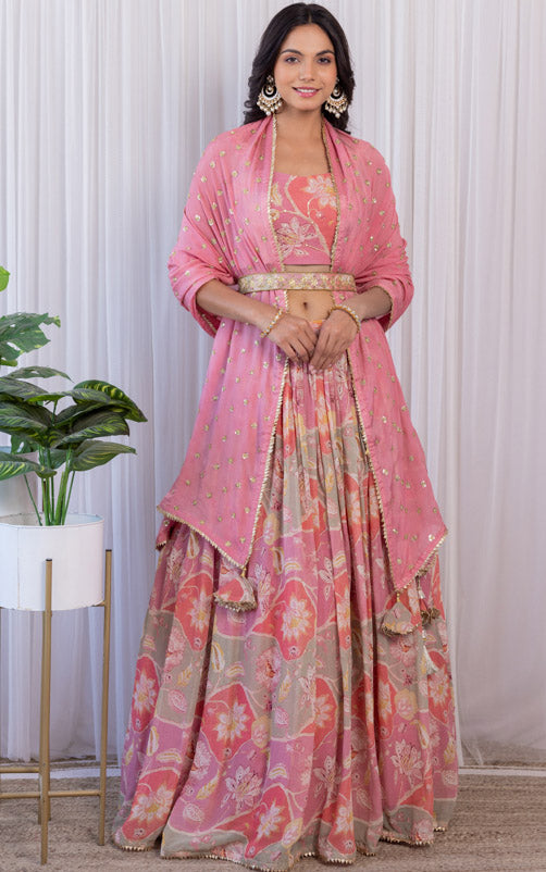 Noopur Vintage Pink Handwork Printed Georgette Lehenga with Embellished Belt