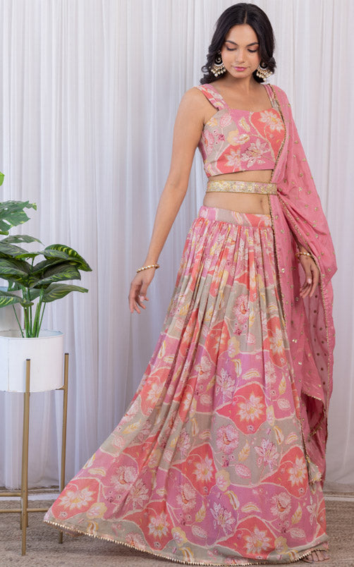 Noopur Vintage Pink Handwork Printed Georgette Lehenga with Embellished Belt