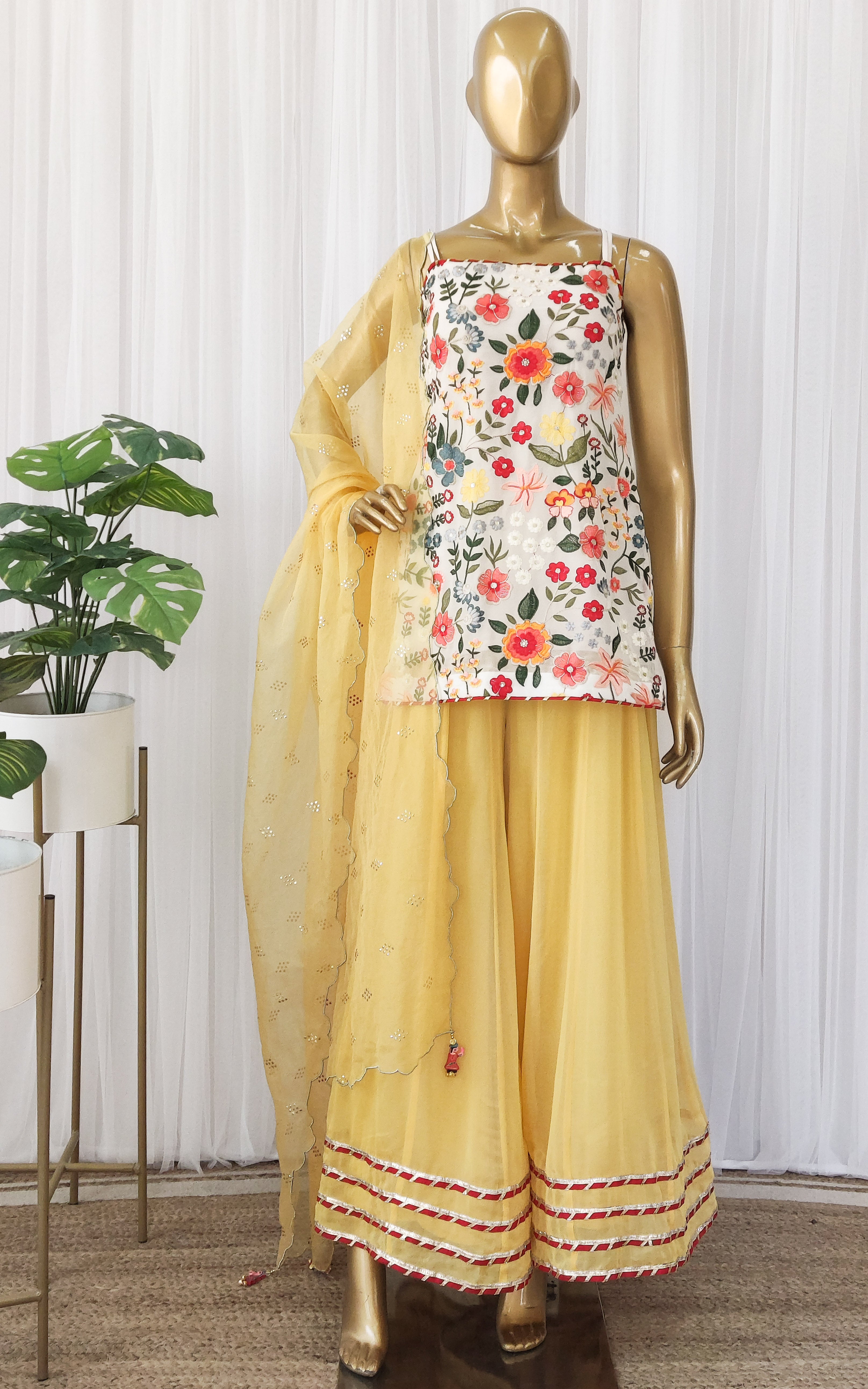 Off White Floral Embroidered Sharara Set