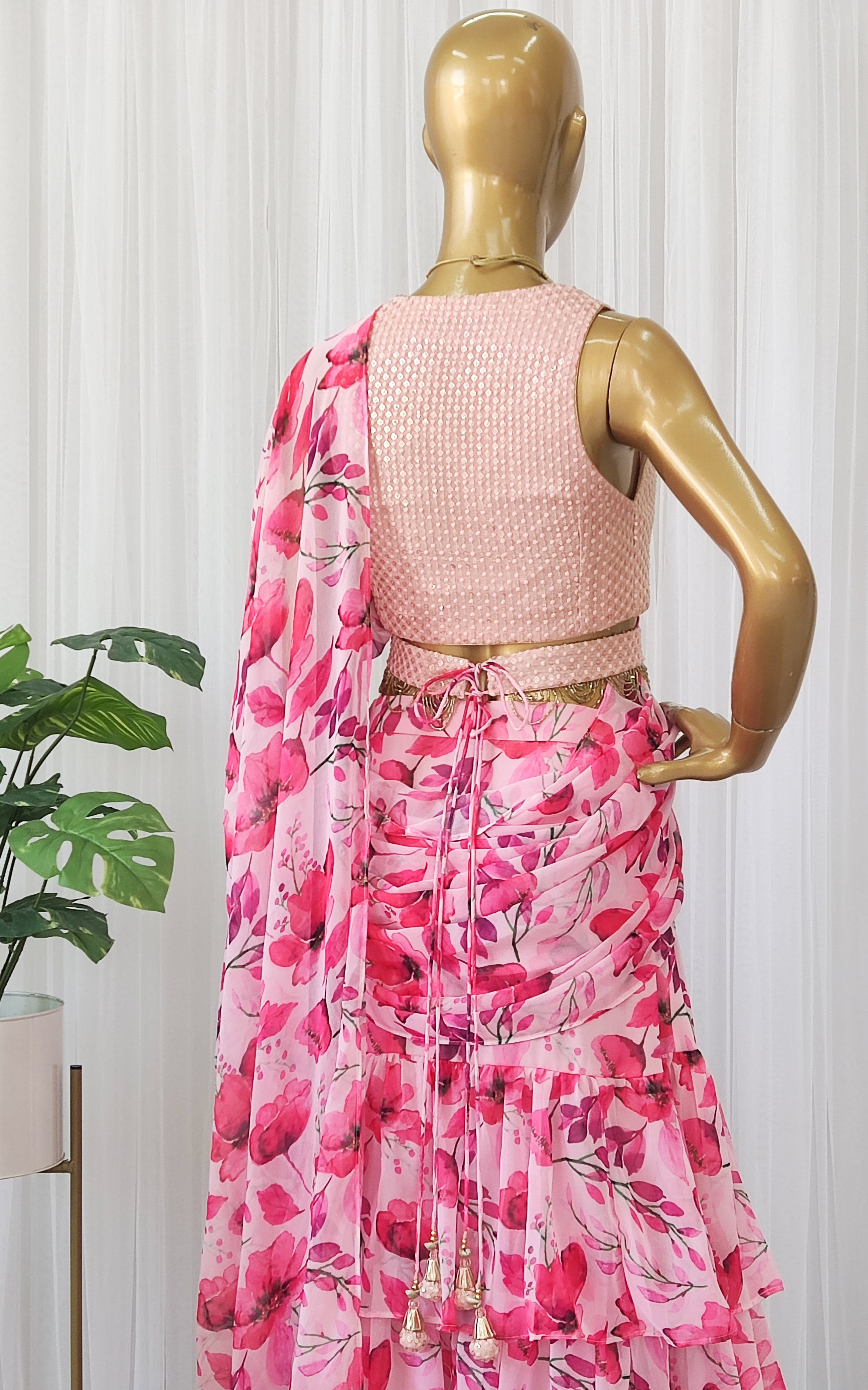 Watercolor Flowers Pre-Stitched Ruffle Saree With Embellished Belt