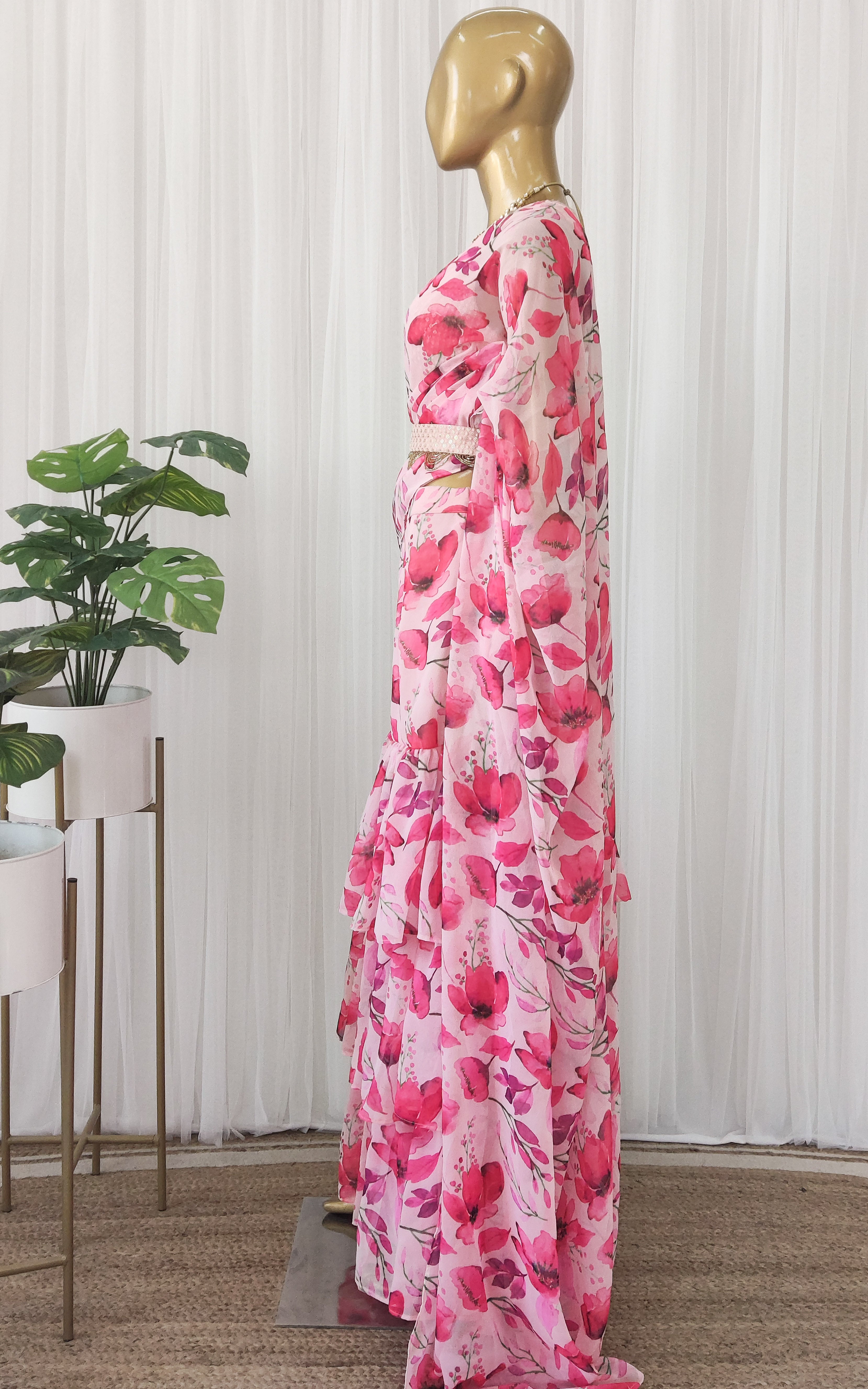 Watercolor Flowers Pre-Stitched Ruffle Saree With Embellished Belt