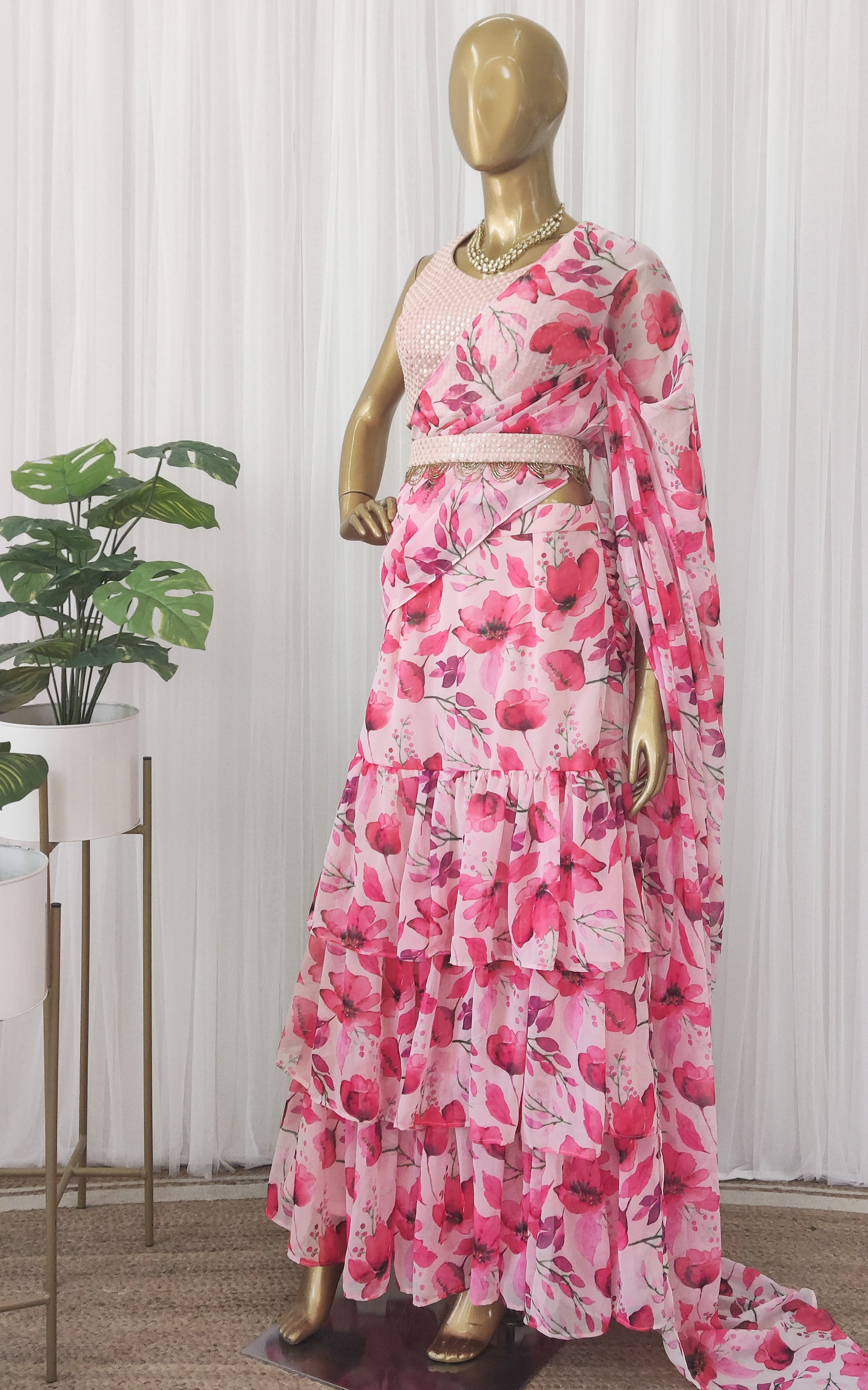 Watercolor Flowers Pre-Stitched Ruffle Saree With Embellished Belt