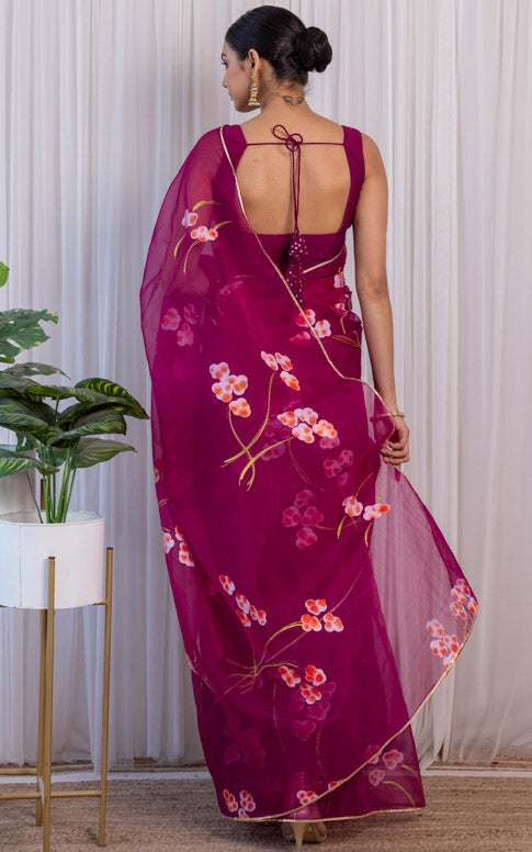 Kamakshi Bhatnagar Wine Handpainted Organza Saree