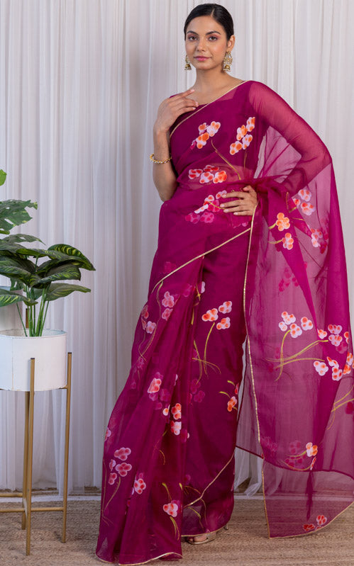 Kamakshi Bhatnagar Wine Handpainted Organza Saree