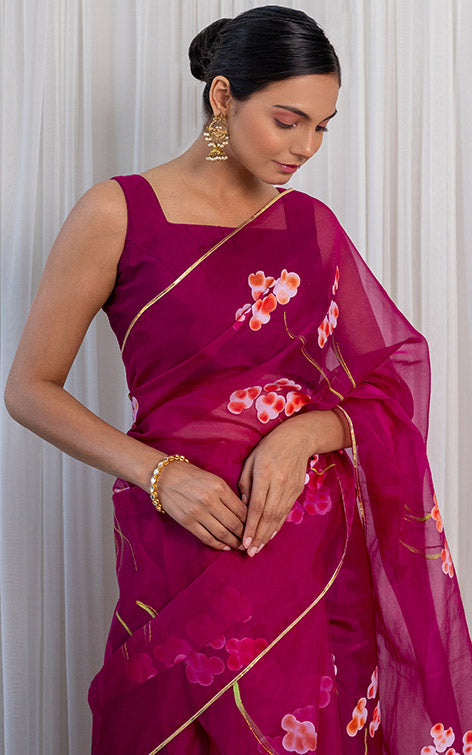 Kamakshi Bhatnagar Wine Handpainted Organza Saree