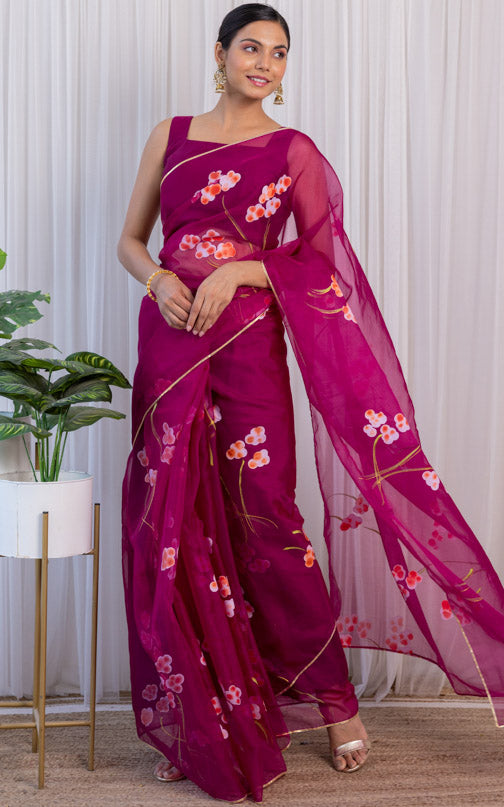 Kamakshi Bhatnagar Wine Handpainted Organza Saree