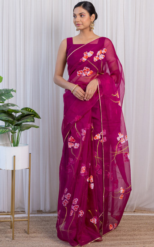 Kamakshi Bhatnagar Wine Handpainted Organza Saree