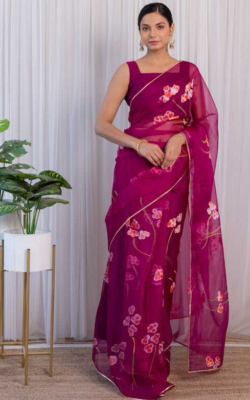 Kamakshi Bhatnagar Wine Handpainted Organza Saree