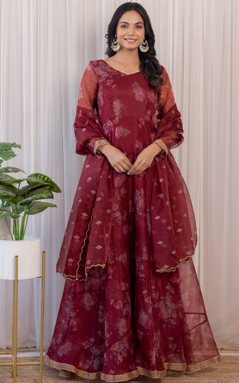 Wine Floral Organza Anarkali