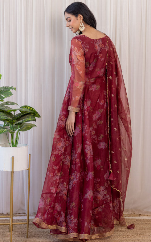 Wine Floral Organza Anarkali