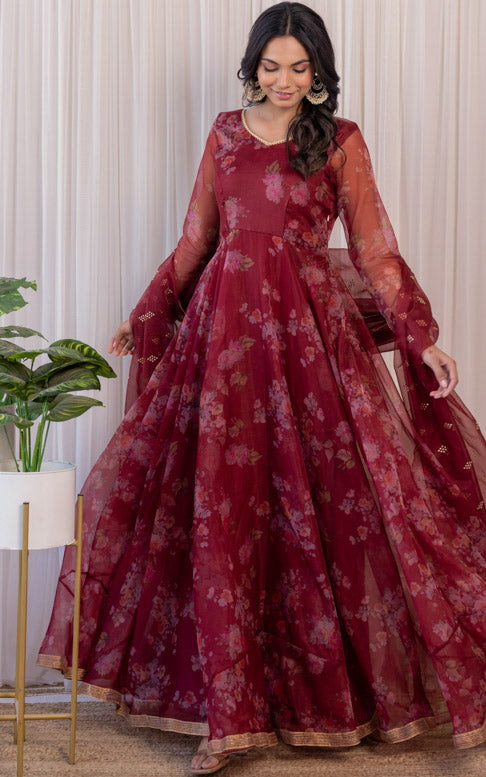 Wine Floral Organza Anarkali
