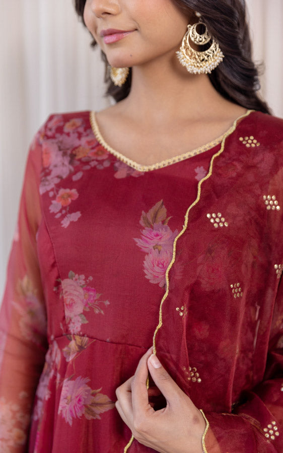 Wine Floral Organza Anarkali