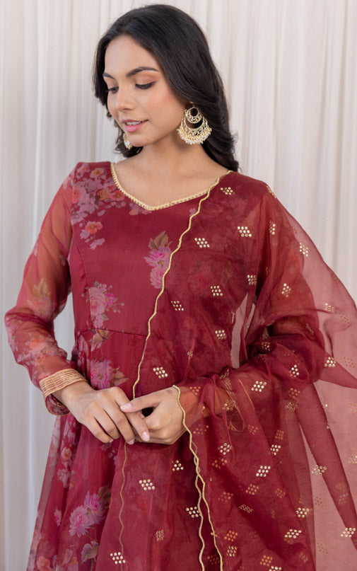 Wine Floral Organza Anarkali