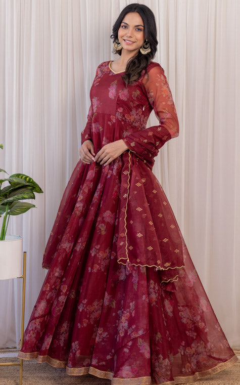 Wine Floral Organza Anarkali