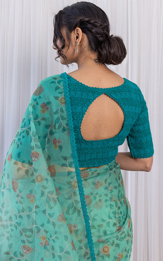 Turquoise Madhubani Print Organza Saree