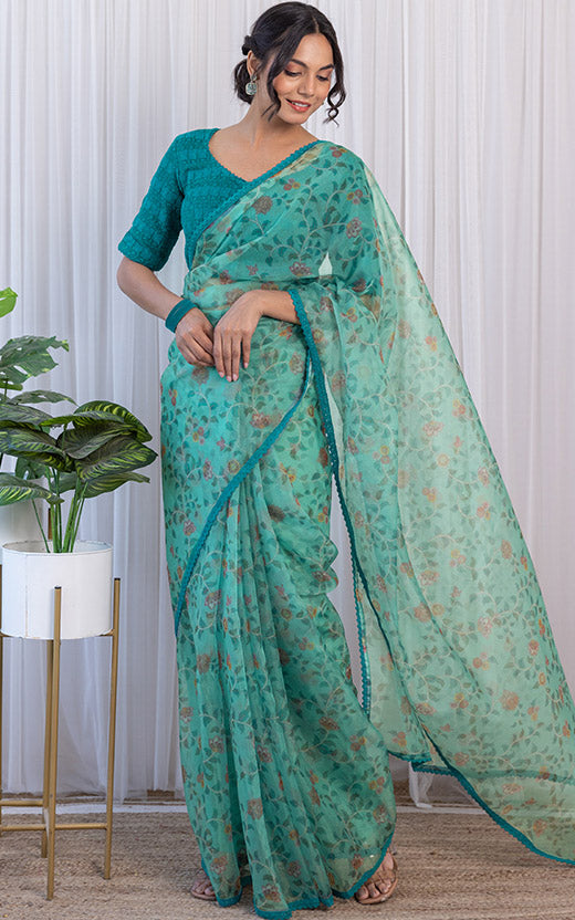 Turquoise Madhubani Print Organza Saree