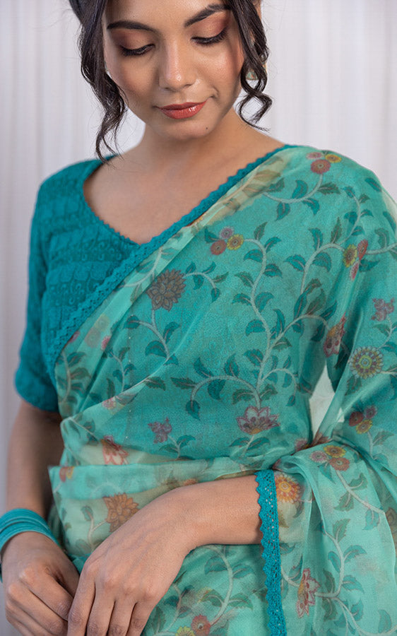 Turquoise Madhubani Print Organza Saree