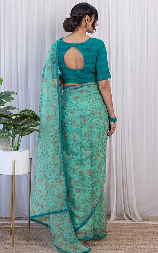 Turquoise Madhubani Print Organza Saree