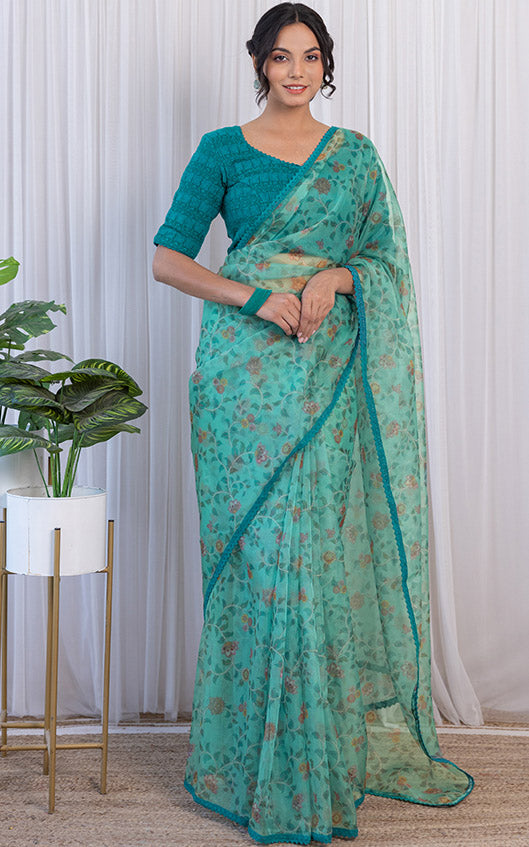 Turquoise Madhubani Print Organza Saree