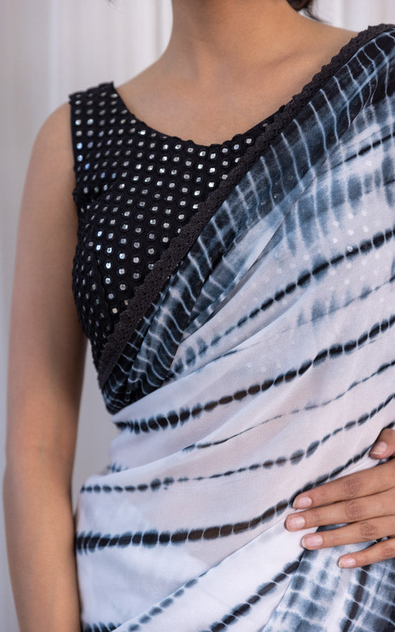 Black & White Shibori Georgette Saree with Mirror-work Blouse