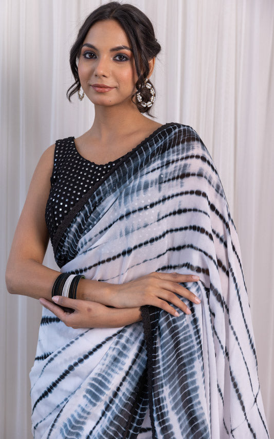 Black & White Shibori Georgette Saree with Mirror-work Blouse