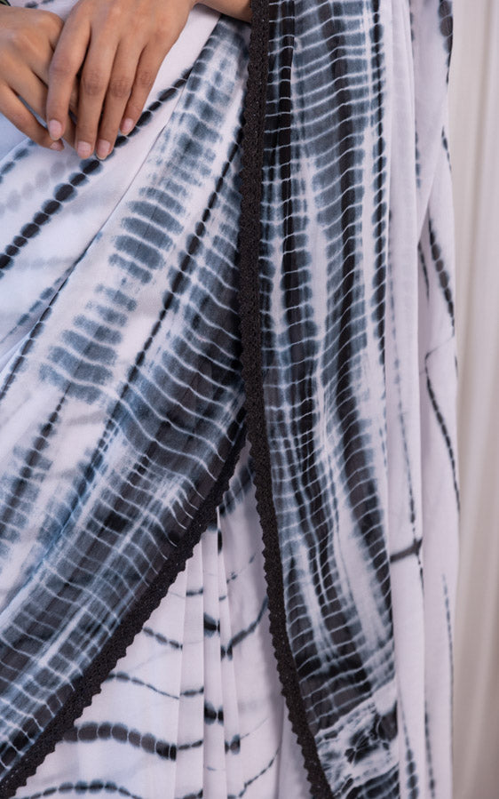 Black & White Shibori Georgette Saree with Mirror-work Blouse