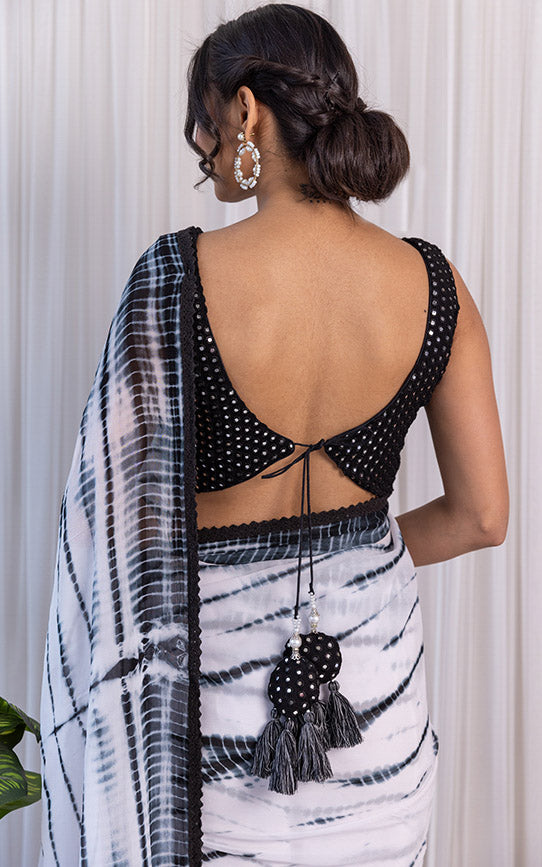 Black & White Shibori Georgette Saree with Mirror-work Blouse