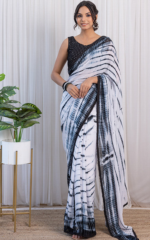 Black & White Shibori Georgette Saree with Mirror-work Blouse