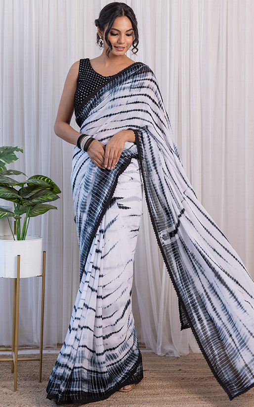 Black & White Shibori Georgette Saree with Mirror-work Blouse