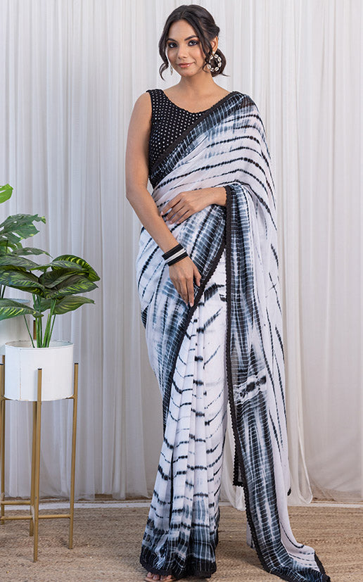 Black & White Shibori Georgette Saree with Mirror-work Blouse