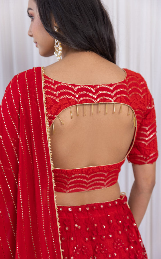 Cherry Red Threadwork Kalidar Lehenga