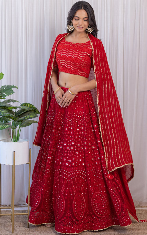 Cherry Red Threadwork Kalidar Lehenga