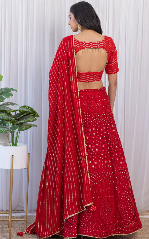 Cherry Red Threadwork Kalidar Lehenga