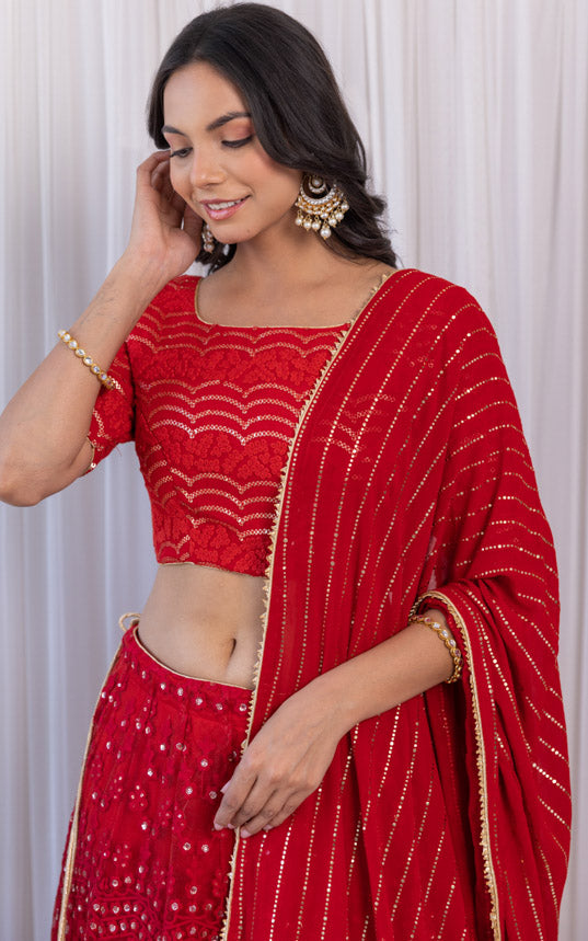 Cherry Red Threadwork Kalidar Lehenga