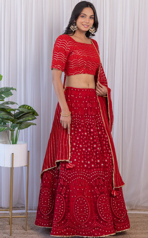 Cherry Red Threadwork Kalidar Lehenga