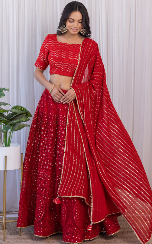 Cherry Red Threadwork Kalidar Lehenga