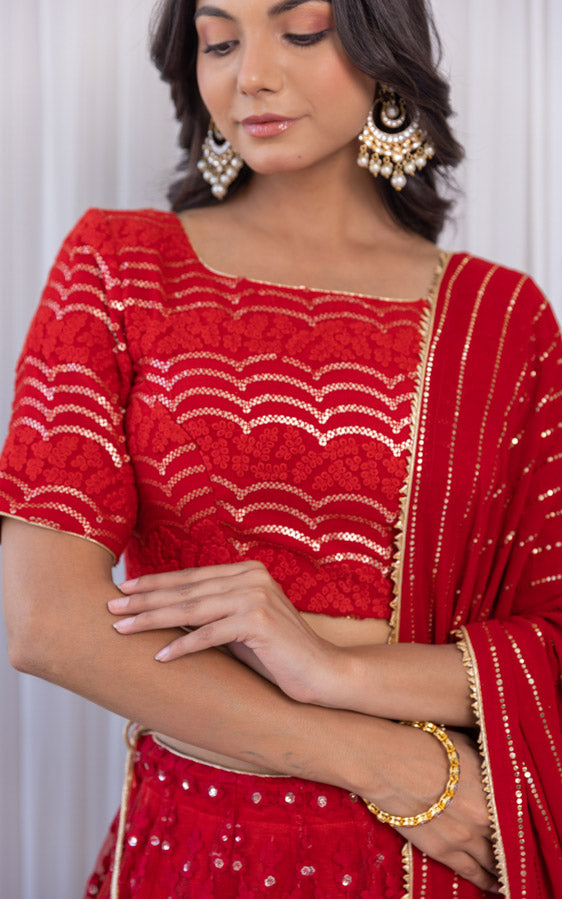 Cherry Red Threadwork Kalidar Lehenga