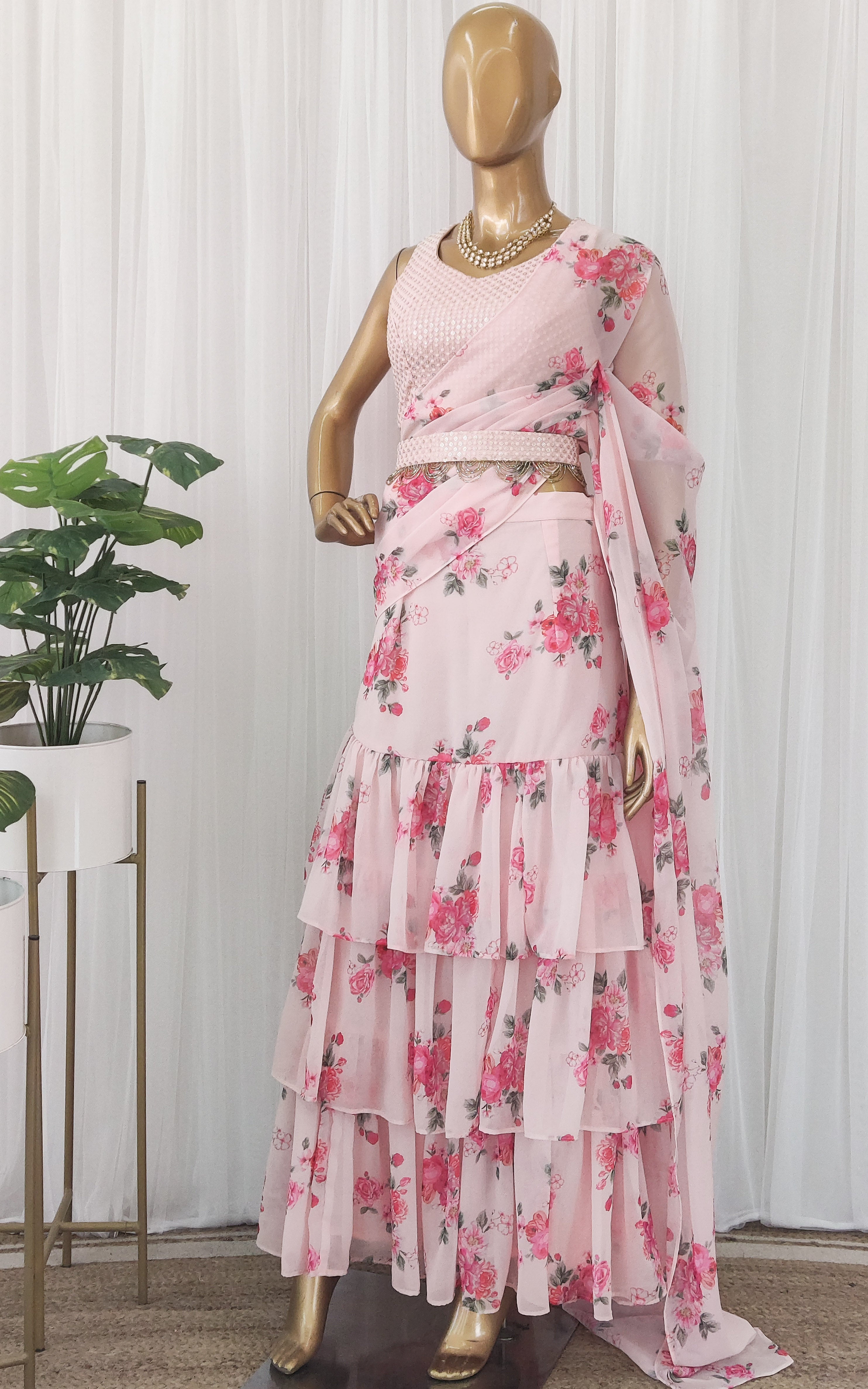 Millennial Pink Floral Pre-Stitched Ruffle Saree with Embellished Belt