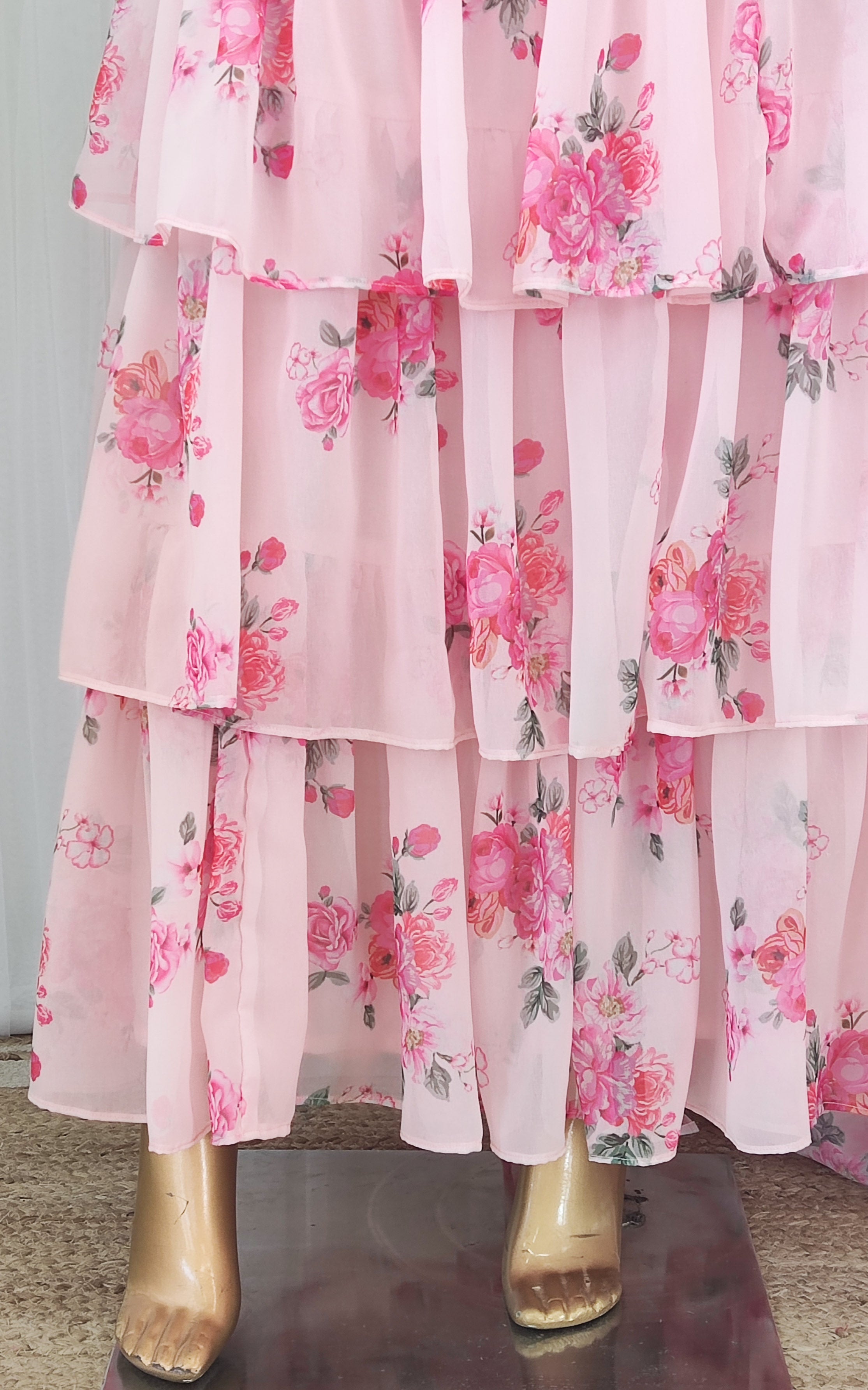 Millennial Pink Floral Pre-Stitched Ruffle Saree with Embellished Belt