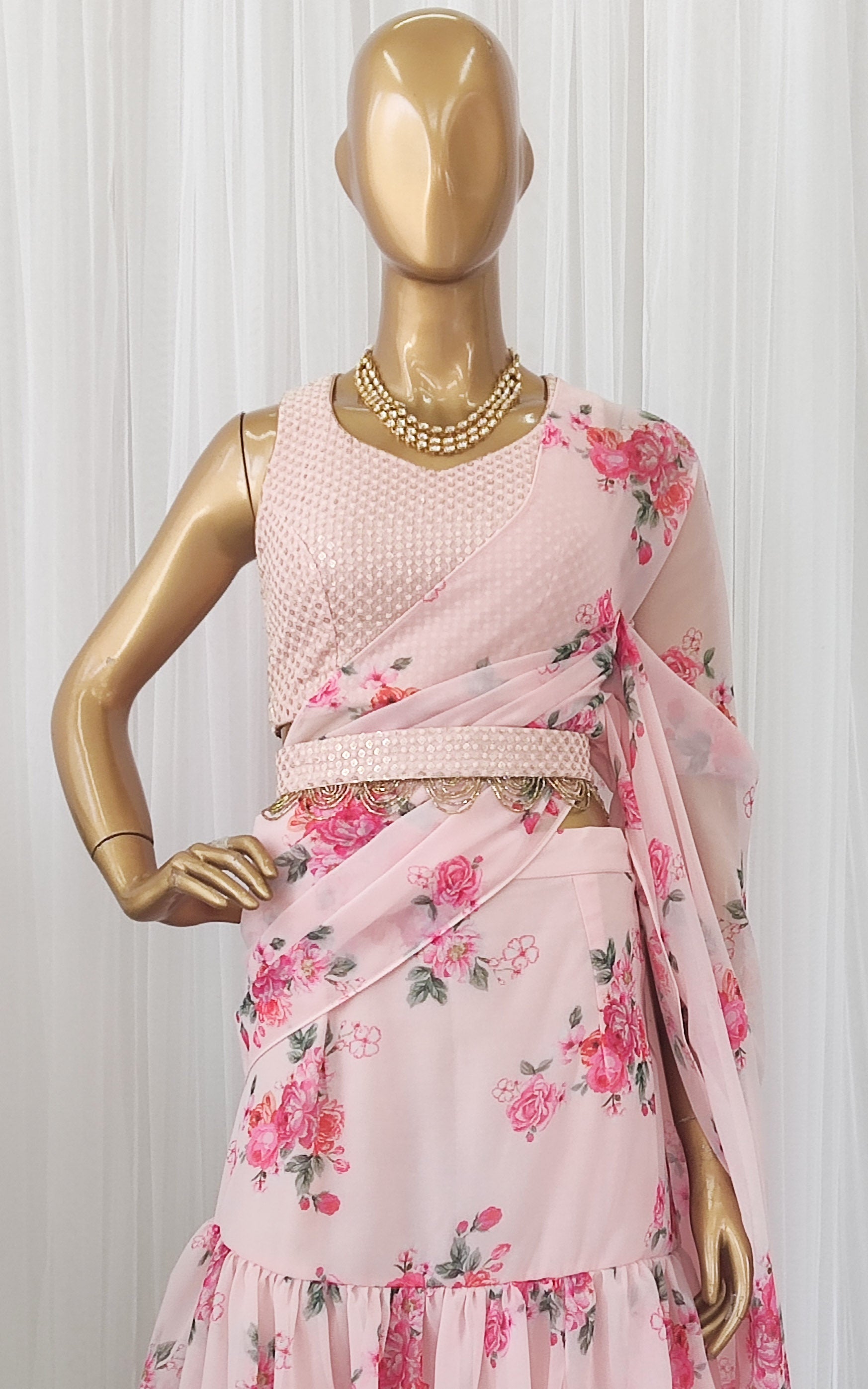 Millennial Pink Floral Pre-Stitched Ruffle Saree with Embellished Belt