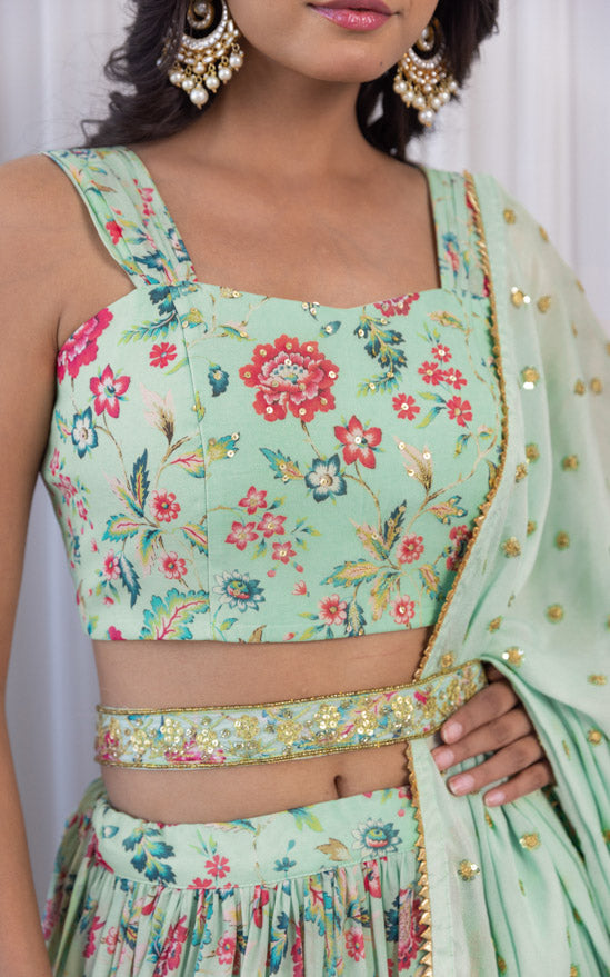 Pranali Sage Green Handwork Floral Printed Georgette Lehenga