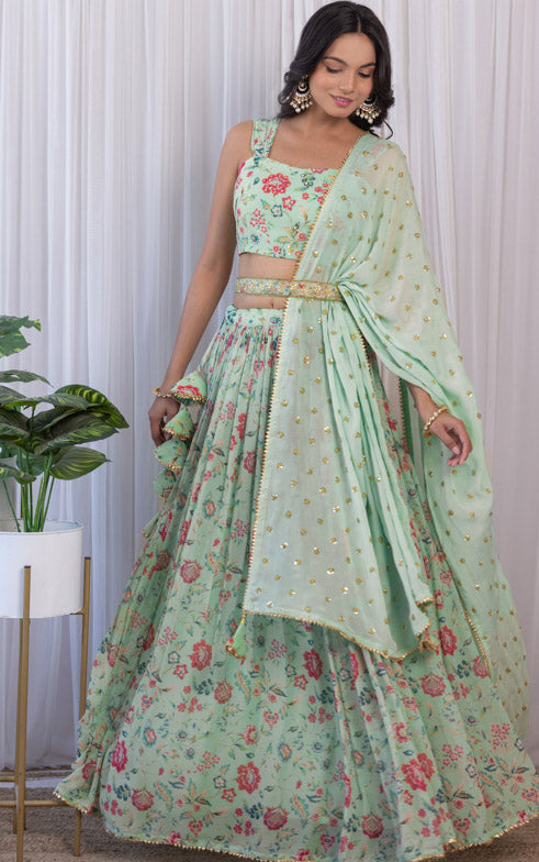 Pranali Sage Green Handwork Floral Printed Georgette Lehenga