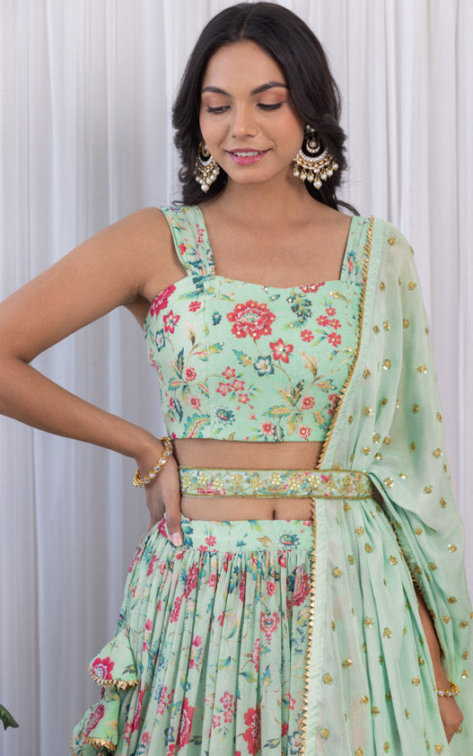 Pranali Sage Green Handwork Floral Printed Georgette Lehenga