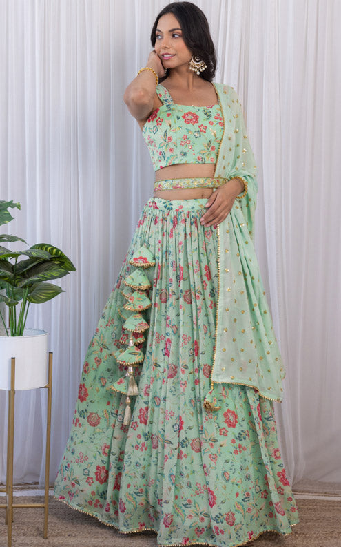 Pranali Sage Green Handwork Floral Printed Georgette Lehenga