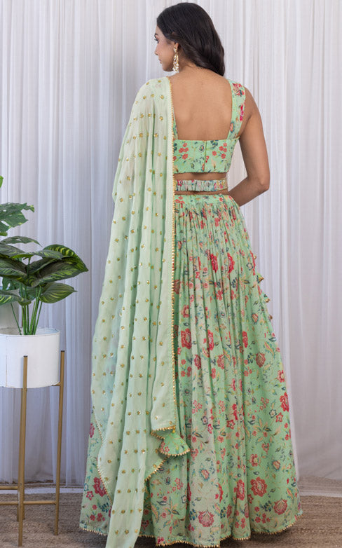 Pranali Sage Green Handwork Floral Printed Georgette Lehenga