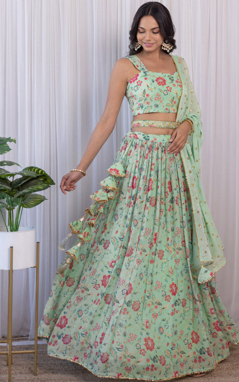 Pranali Sage Green Handwork Floral Printed Georgette Lehenga