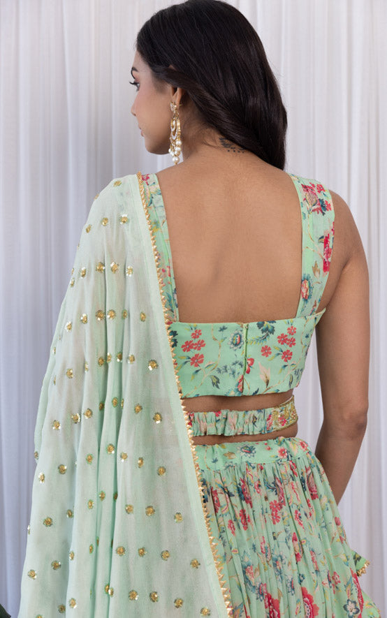 Pranali Sage Green Handwork Floral Printed Georgette Lehenga