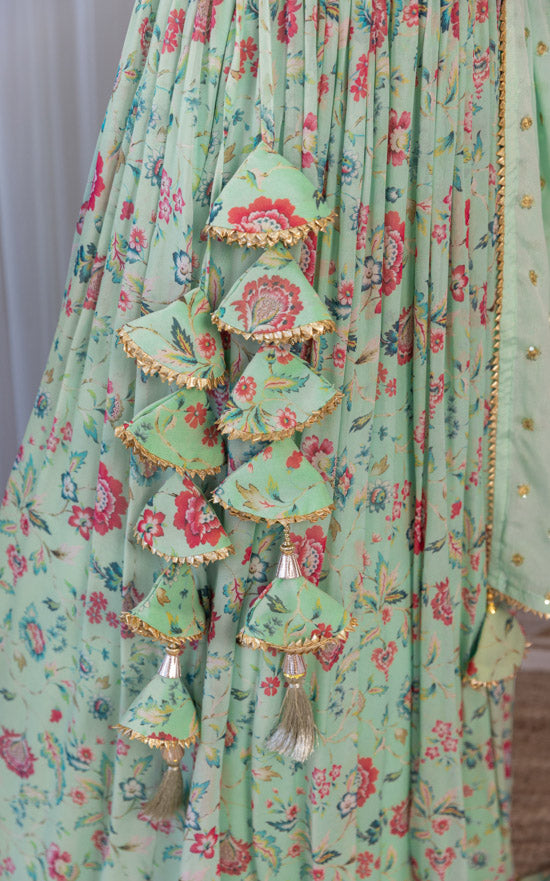 Pranali Sage Green Handwork Floral Printed Georgette Lehenga