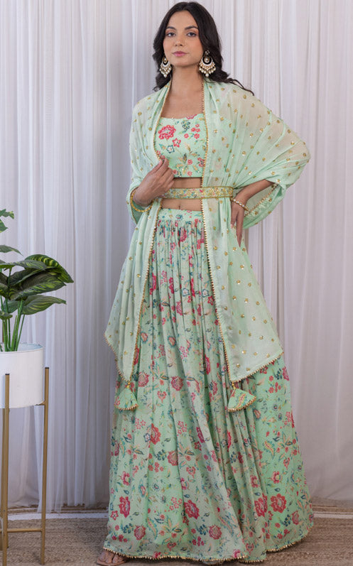 Pranali Sage Green Handwork Floral Printed Georgette Lehenga
